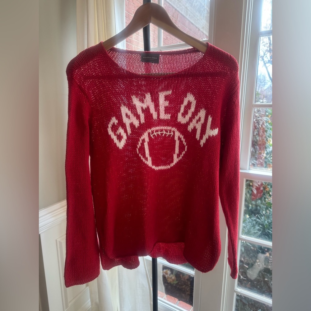 Wooden Ships Game Day Raglan Sleeve Red Knit Cotton Sweater Top S/M